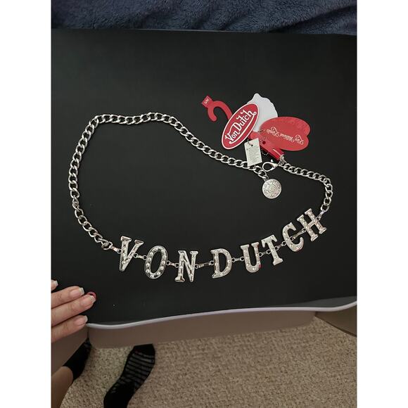 *NWT* Von Dutch Silver Tone Chain Belt w/ Rhinestones - S/M